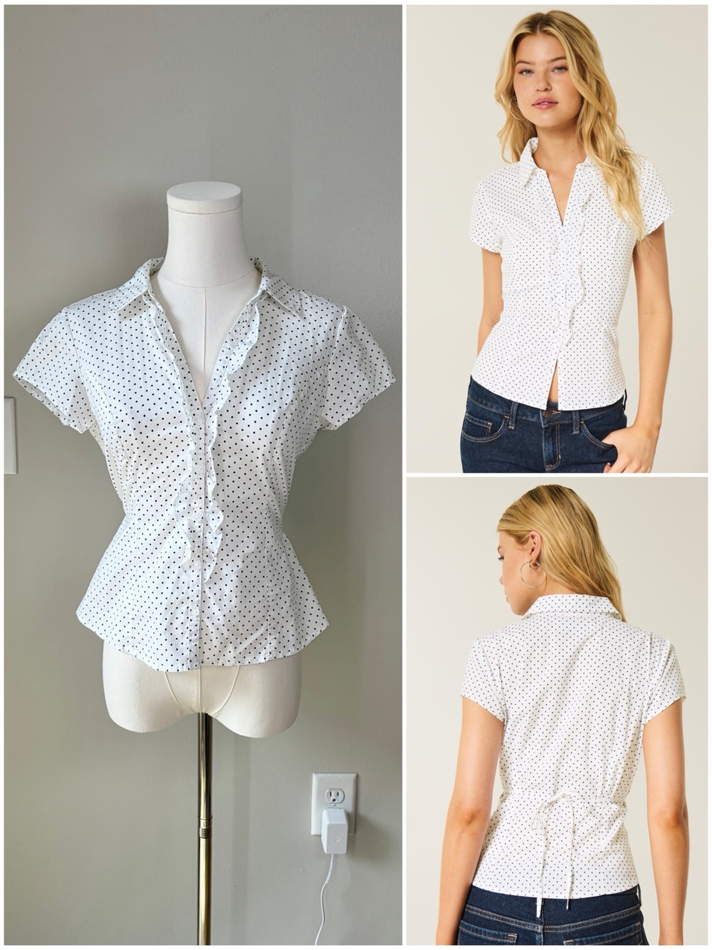 Hollister White Polka Dot Fitted Ruffle Short Sleeve Button Up Tuxedo Shirt